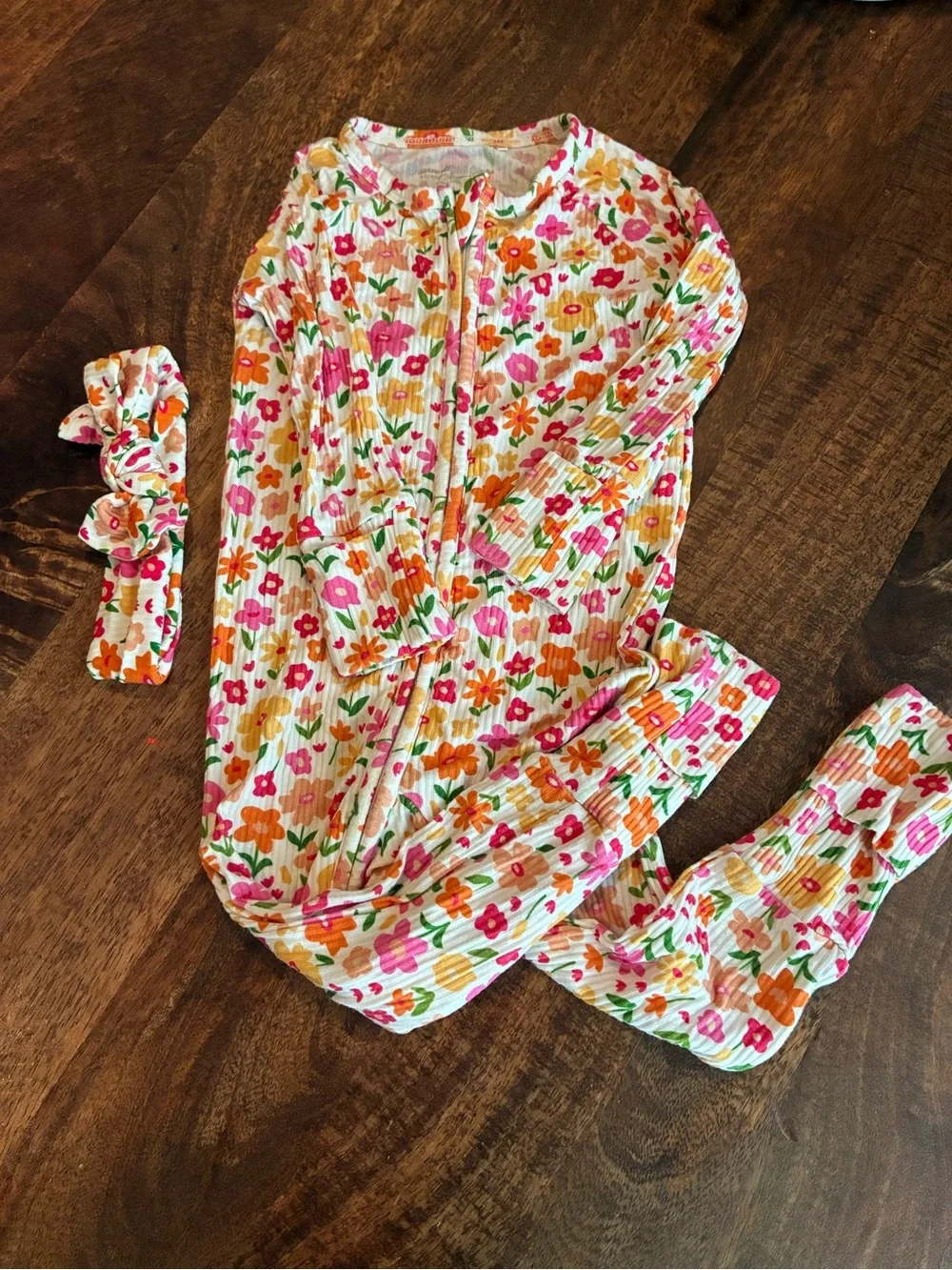 Bamboo Floral Zip Sleep Pajamas with Headband - White Pink Orange